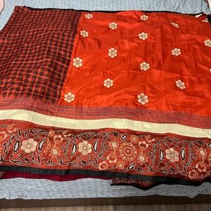 Beautiful Aarong Kantha stitch pure silk red and black checkered sharee